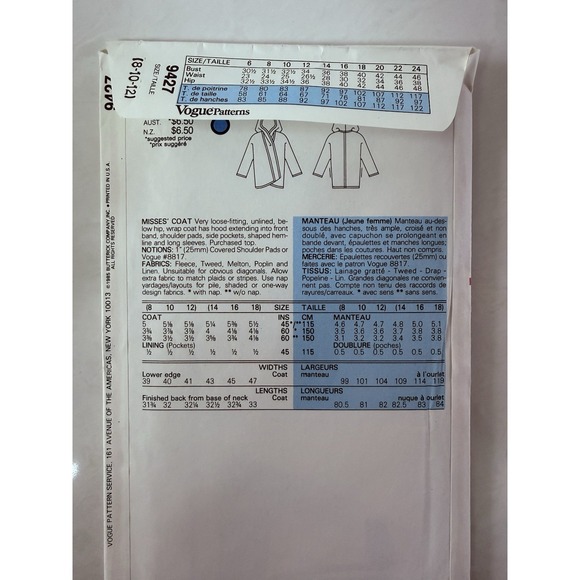 Vogue 9427 Coat Wrap Hooded Sewing Pattern Ladies 8 10 12 Fleece Loose UC Easy - Picture 3 of 4